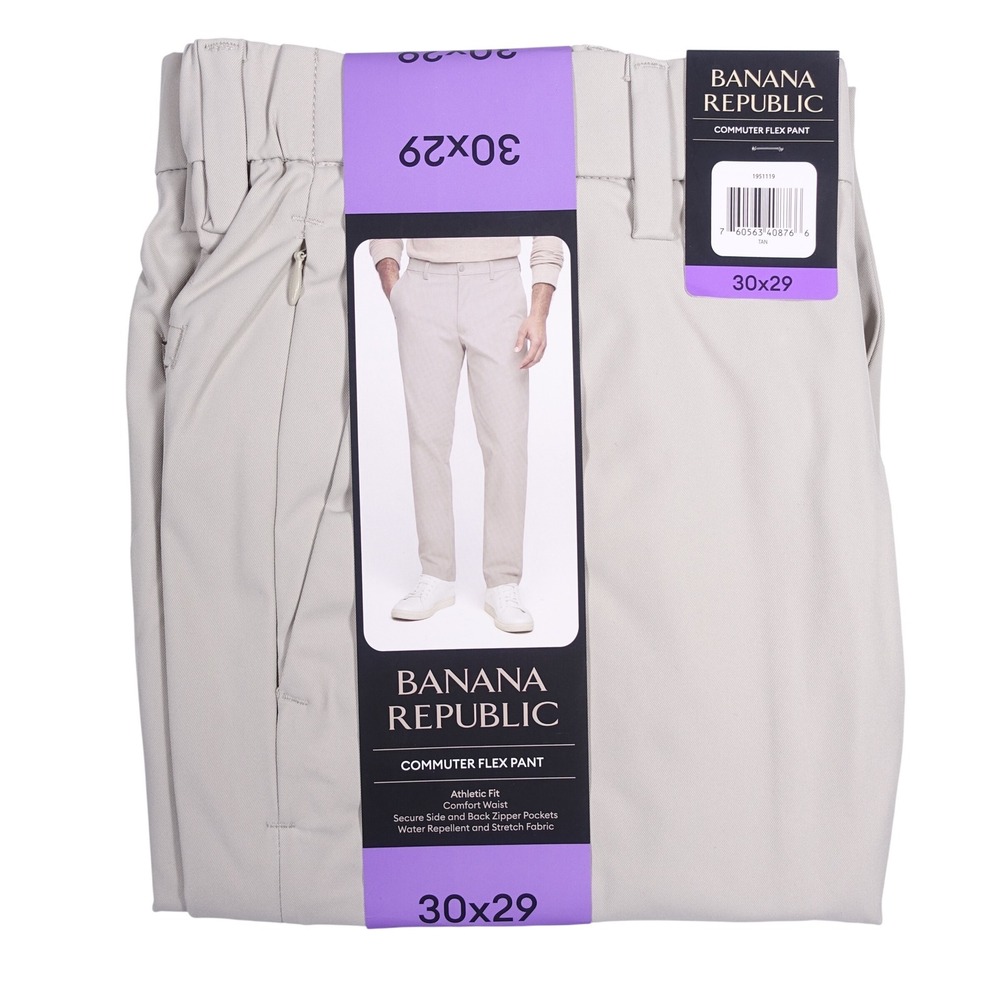 Banana Republic Mens Commuter Flex Pant 30x29 Tan Athletic Fit Water Repellent
